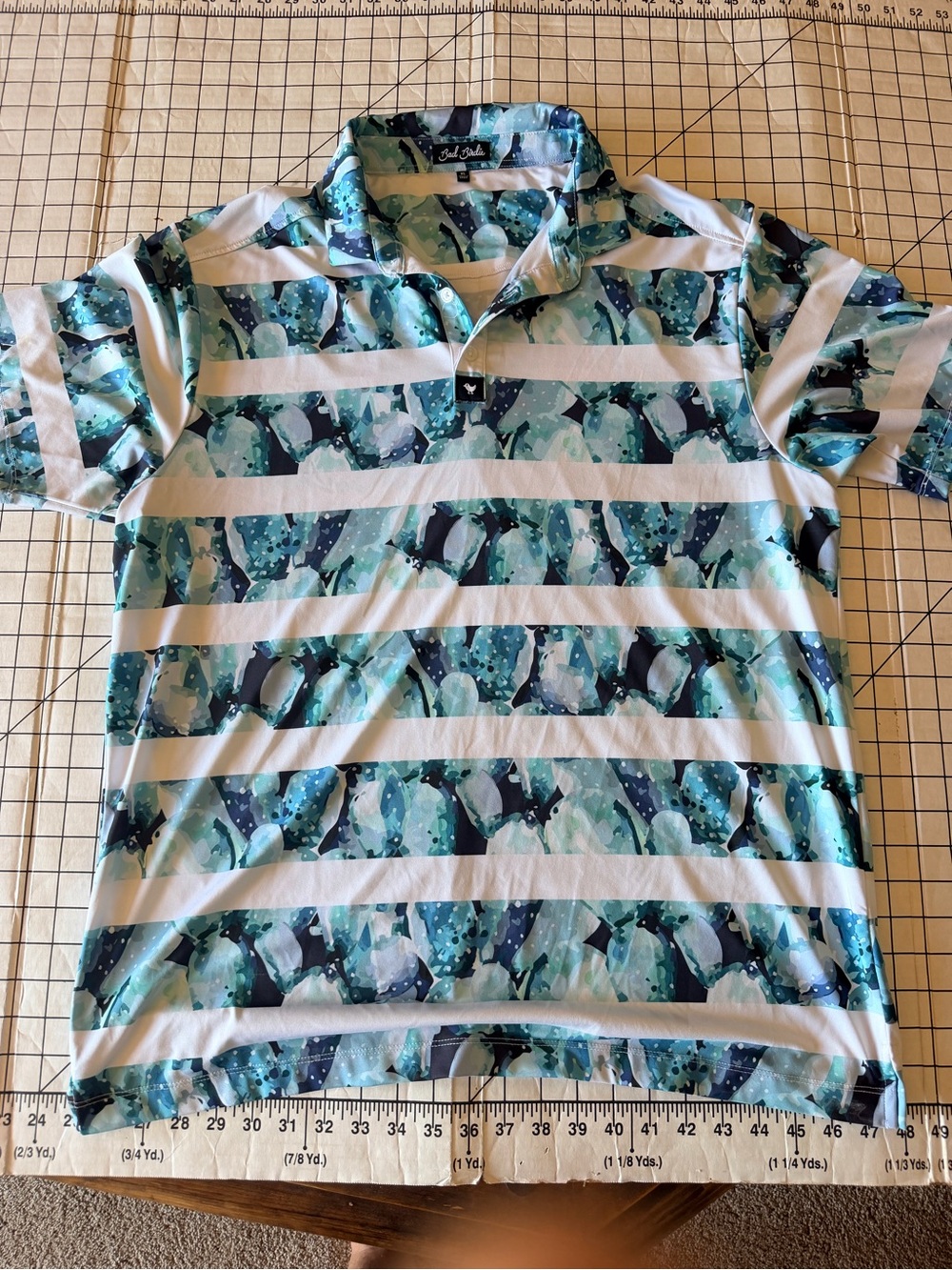 Bad Birdie Aqua, Teal & White Striped Men’s Polo